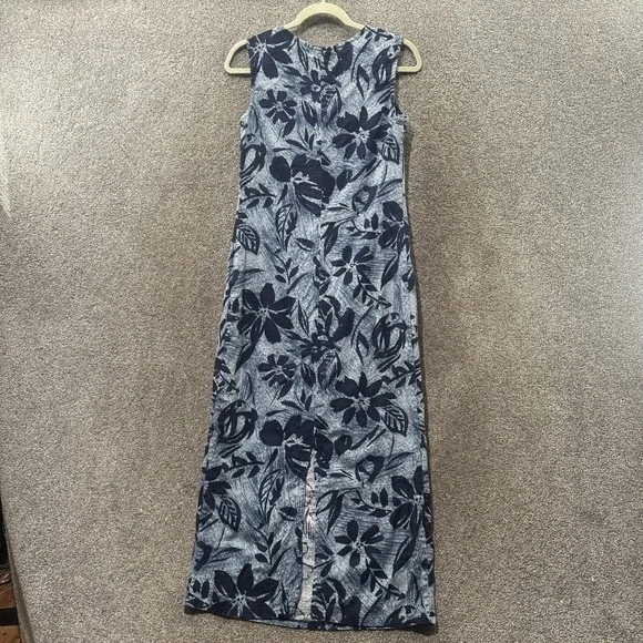 VTG Expressions Maxi Dress Size 8 Blue Floral Linen Rayon Sleeveless Coastal - Picture 2 of 11